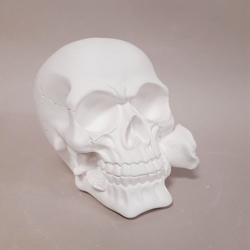 Figura de escayola calavera con rosa vista lateral derecha