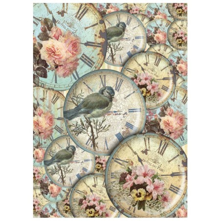 PAPEL DE ARROZ CADENCE RELOJES, PÁJAROS Y FLORES 30x41 CM
