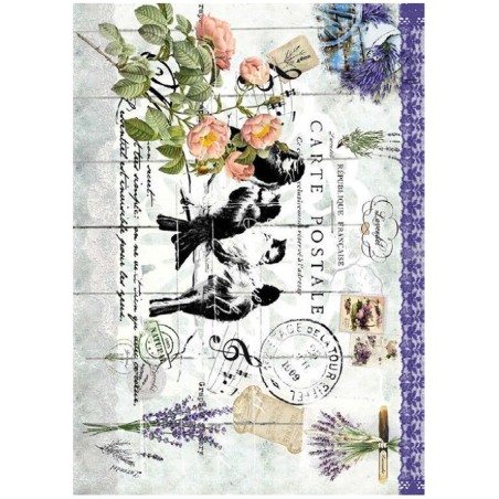 PAPEL DE ARROZ CADENCE JILGUEROS, ROSAS, LAVANDA 30x41 CM