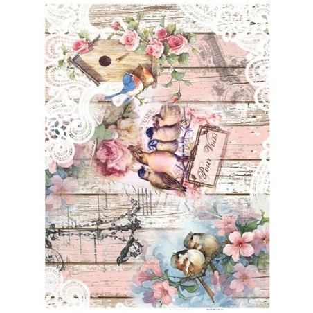 PAPEL DE ARROZ CADENCE PAJAROS SOBRE TABLAS 30x41 CM