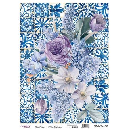 PAPEL DE ARROZ CADENCE AZULEJOS AZUL Y FLORES 30x41 CM