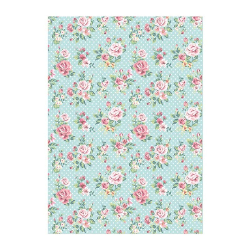 PAPEL DE ARROZ FLORECILLAS ROSAS EN FONDO VERDE 30x41 CM
