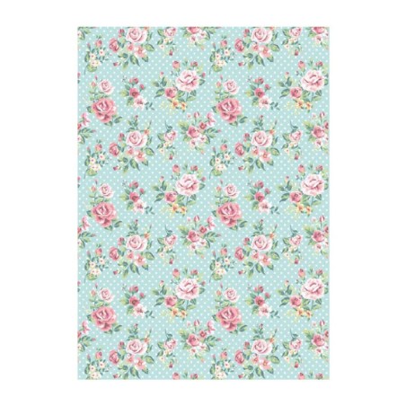 PAPEL DE ARROZ FLORECILLAS ROSAS EN FONDO VERDE 30x41 CM