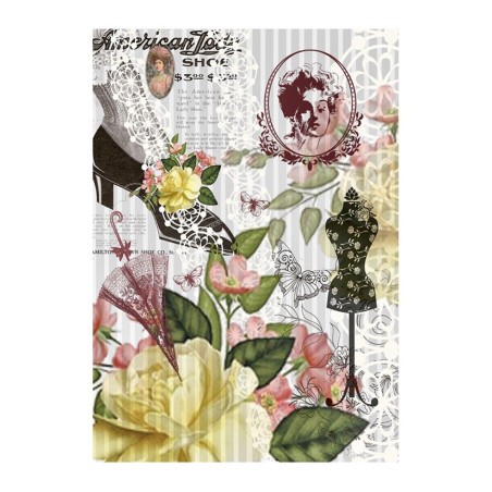 PAPEL DE ARROZ ZAPATO ANTIGUO Y MANIQUI 30x41 CM