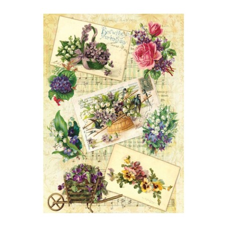 PAPEL DE ARROZ LILAS Y PENSAMIENTOS 30x41 CM