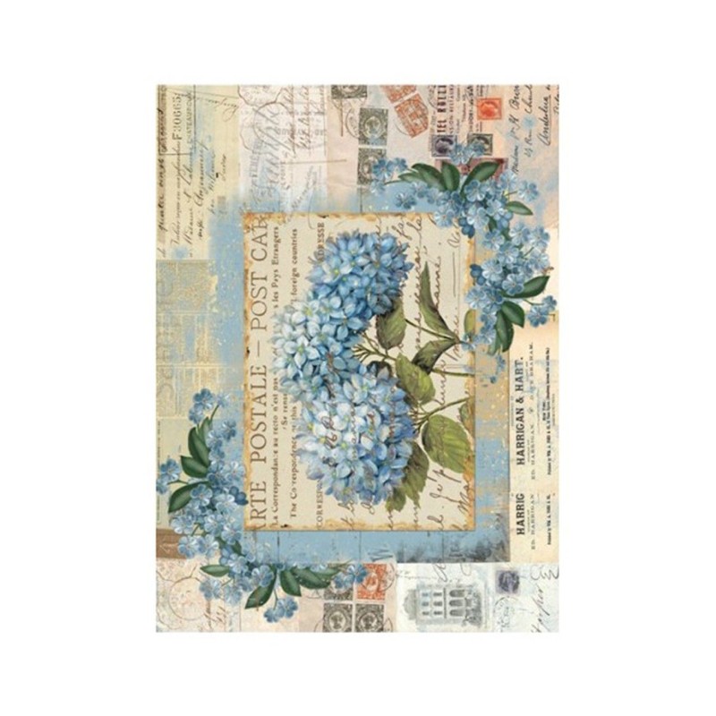 PAPEL DE ARROZ HORTENSIAS AZULES 30x41 CM