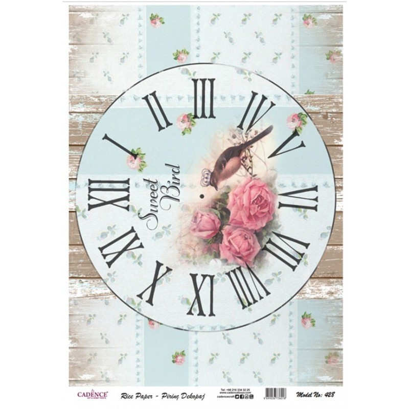 PAPEL DE ARROZ RELOJ CON PÁJARO 30x41 CM