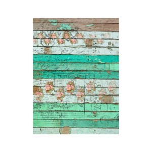 PAPEL DE ARROZ LISTONES DE MADERA VERDES CON FLORES 30x41 CM