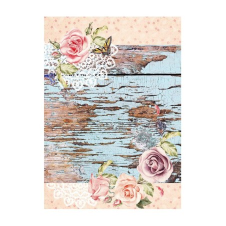 PAPEL DE ARROZ LISTONES DE MADERA AZULES CON ROSAS 30x41 CM