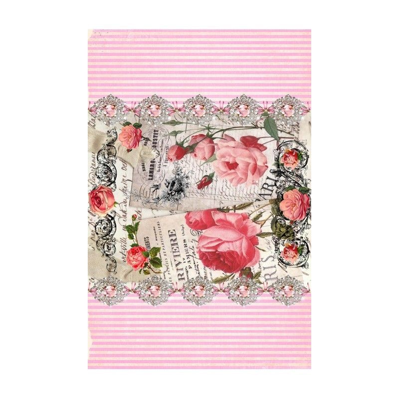 PAPEL DE ARROZ FLORES Y TEXTO VINTAGE 30x41 CM