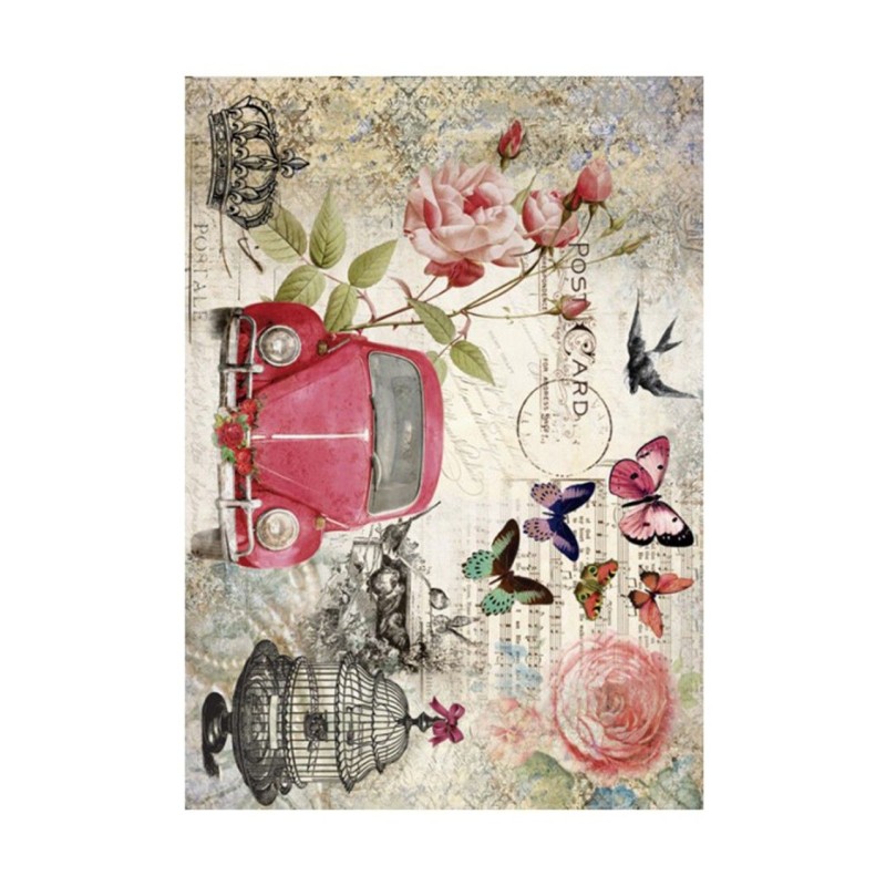 PAPEL DE ARROZ COCHE Y MARIPOSAS 30x41 CM