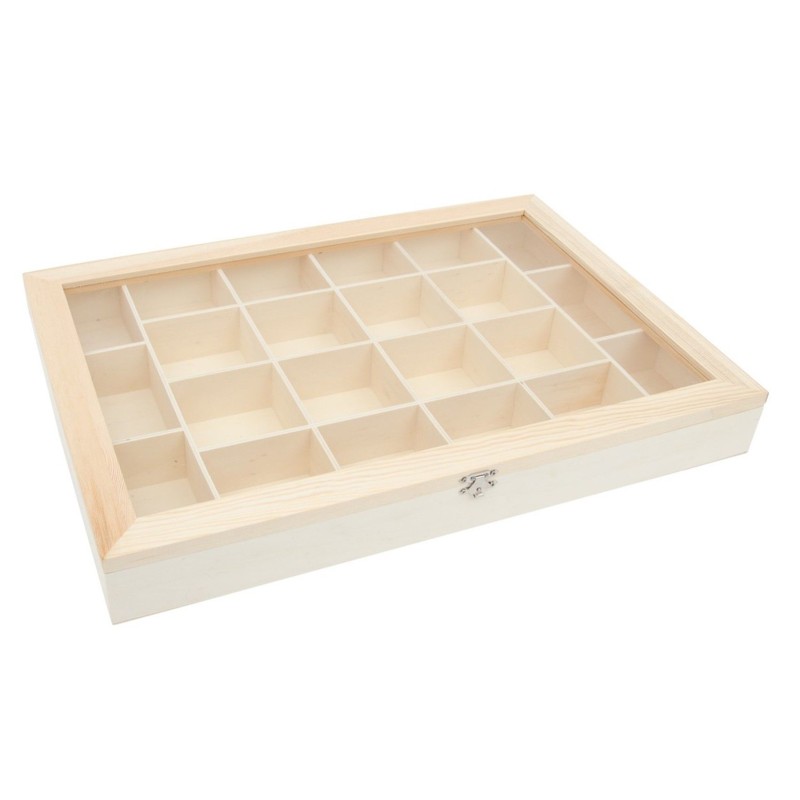 CAJA CON TAPA DE VIDRIO Y 22 DIVISIONES